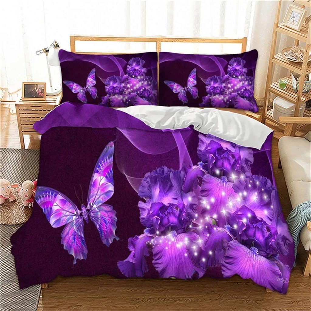 Purple Rose King Queen Duvet Cover Beautiful Butterflies Flowers Bedding Set For Teen Adults Floral 2/3Pcs Polyester Quilt Cover