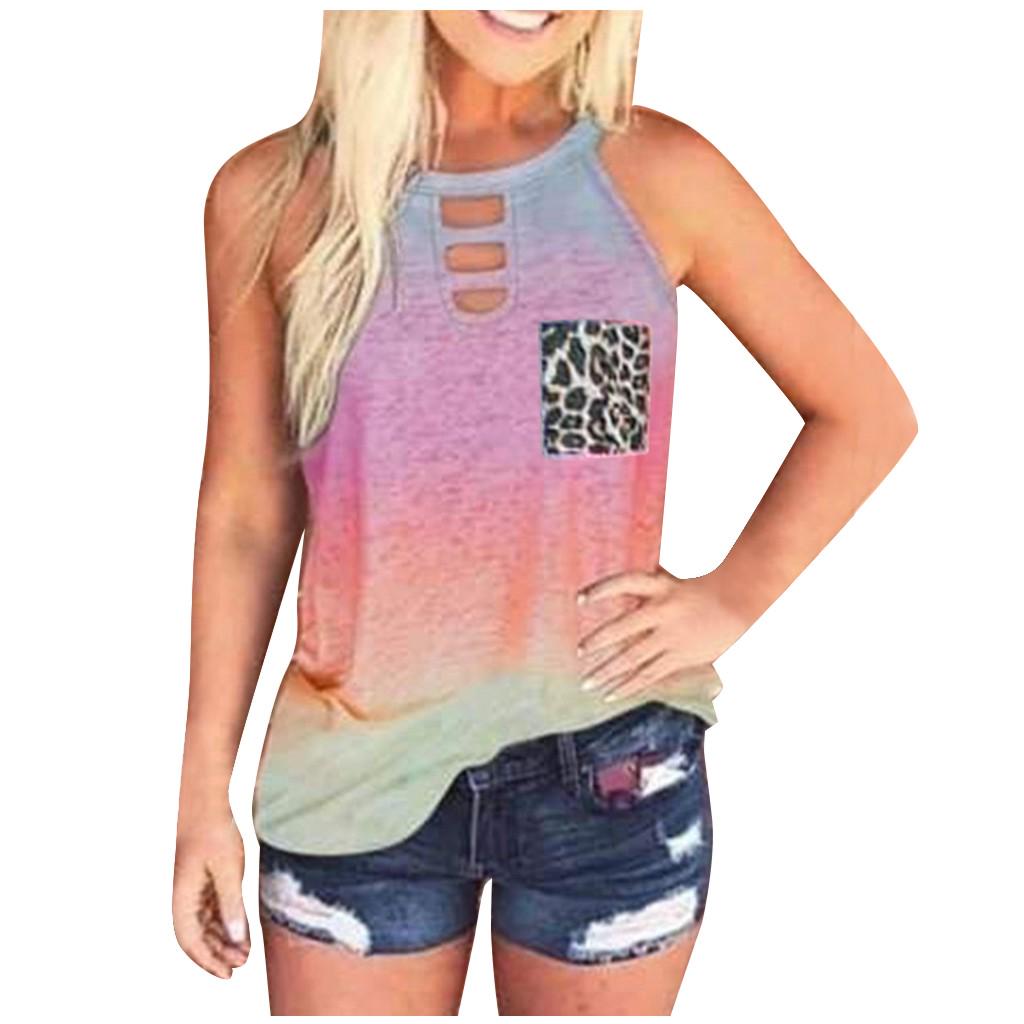 Womens Tie-Dye Leopard Pocket Sleeveless Tank Top Casual Summer Blouse Shirts