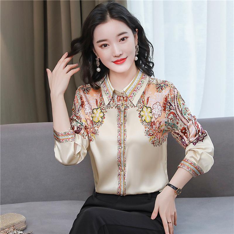 Women's Printed Lapel Chiffon Shirt Elegant Commute Long Sleeve Straight Blouse Spring Fashion Top