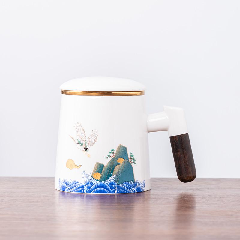 Ceramic tea cup with lid tea separation cup filter water cup creative wooden handle cup office cup gift cup Guochao