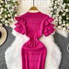 Summer Women Elegant Ruffle Metal Button Office Work Knitted Sheath Sweater Mini Dresses