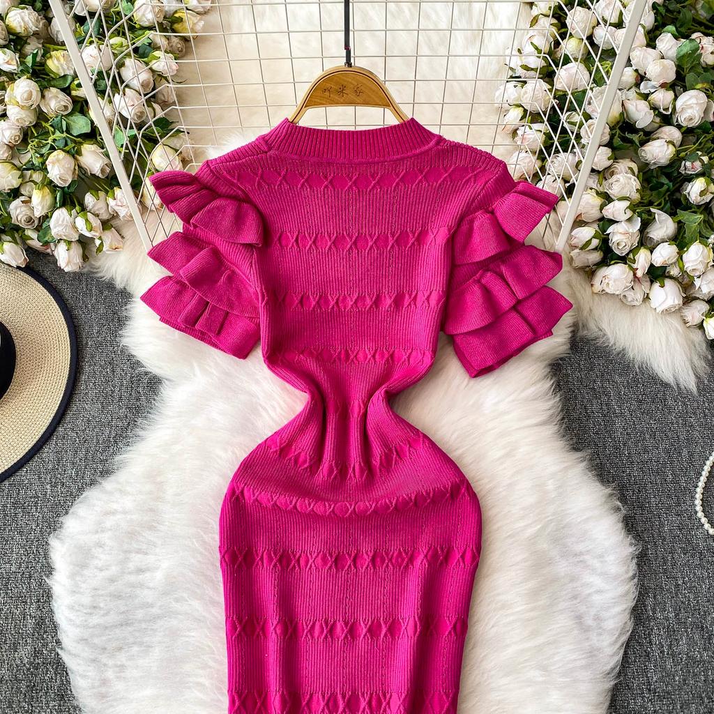 Summer Women Elegant Ruffle Metal Button Office Work Knitted Sheath Sweater Mini Dresses