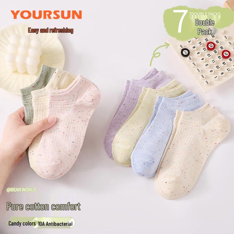 Yiershuang Women s 7-Pair 100% Cotton Antibacterial Polka Dot Boat Socks One Size