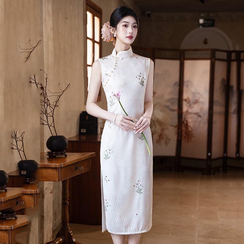 Blue sleeveless national style new Chinese style pinched waist long cheongsam improved 1011 new young women's high sense summer