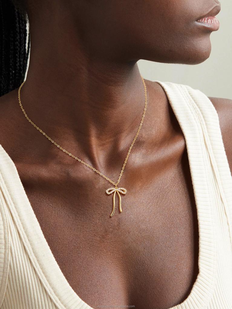Glossy Bow Zircon Pendant Necklace with Brass Gold Tone Chain for Women