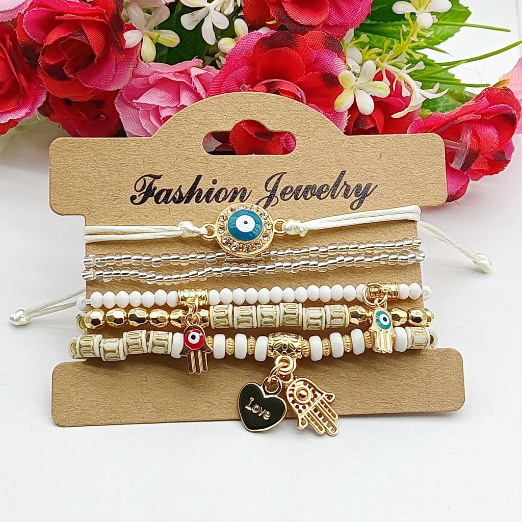 6Pcs Fatima Hand Evil Eye Bracelet Set For Women Heart Charm Beads Rope Chain Bangle Female Bohemian Handmade Jewelry