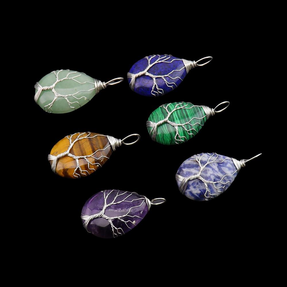 Natural Stone Crystal Agate Water Drop Winding Silk Tree Of Life Pendant Necklace Sweater Chain Water Drop Rough Stone N779