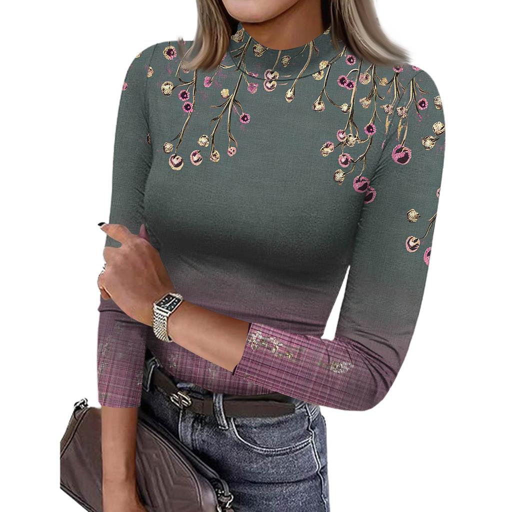 Damen Slim Bottom T-Shirt Mode Lässig Farbverlauf Druck Rundhals Pullover 3/4 Ärmel Top