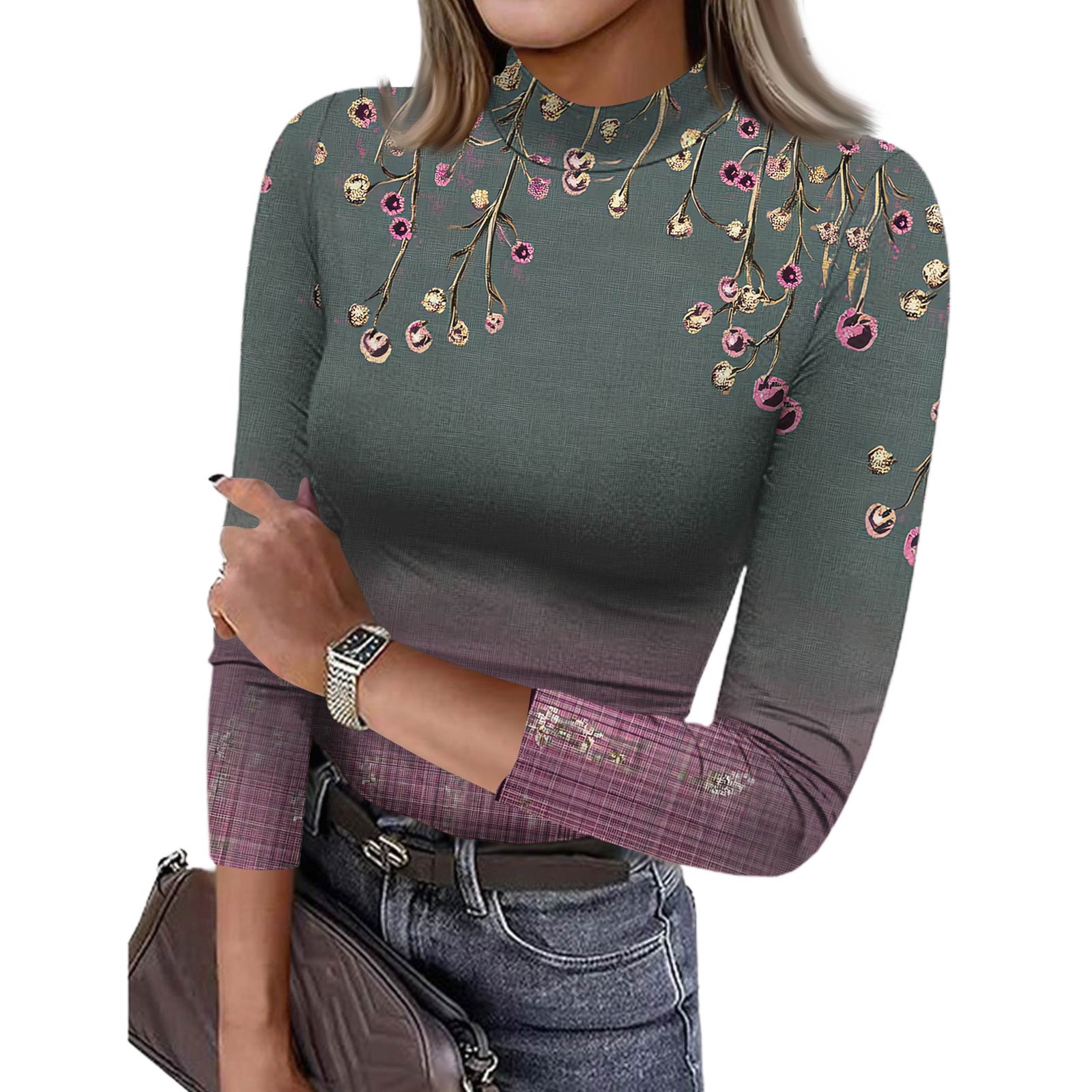 

Женская футболка с облегающим низом, модная повседневная, с градиентным принтом, с круглым вырезом, пуловер, топ с рукавом 3/4 M