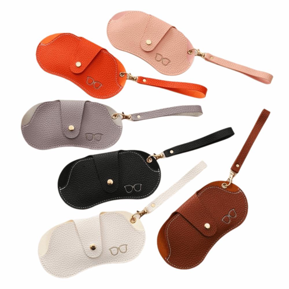 Soft Leather Glasses Bag Lychee Pattern Button Clip Sunglasses Case Portable with Wrist Strap Eyewear Storage Pouch