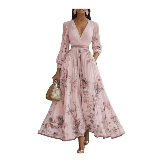 Women's Floral Print Pleated Maxi Dress V Neck Long Sleeve Wedding Guest Dress Spring Flowy Party Cocktail Dress