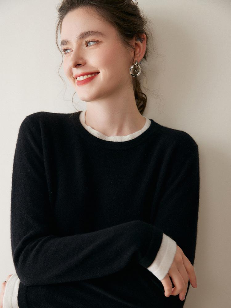Soft & Glutinous Faux Two-Piece Cashmere Knit Sweater - Women's 2025 Autumn/Winter Round Neck Pullover