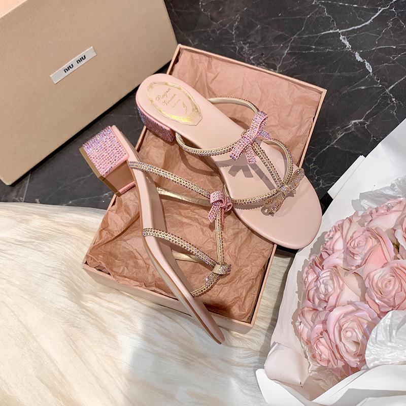 

RC rhinestone bow sandals girl summer 2025 new fairy wind toe outside slippers thick heel sandals 34
