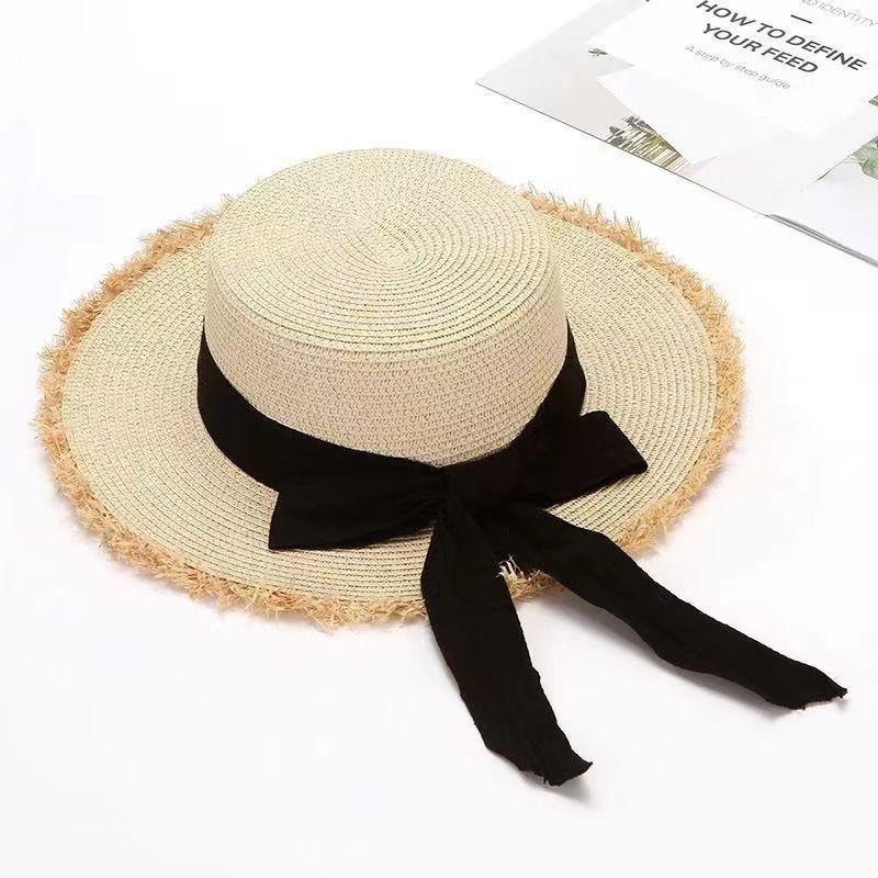 100.00kg Plus Size Women's Big Brim Grass Bows Hand-Woven Seaside Beach Hat Sun-Proof Face Cover Sun-Shade Straw Hat