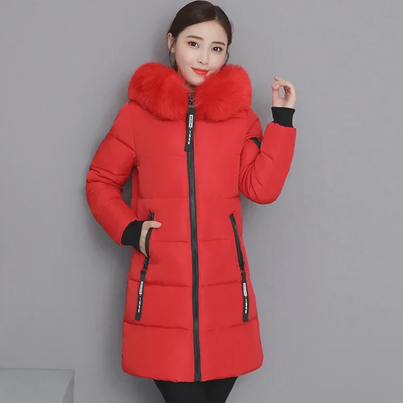 Women's Medium to Long Slim Fit Cotton Coat with Large Fur Collar