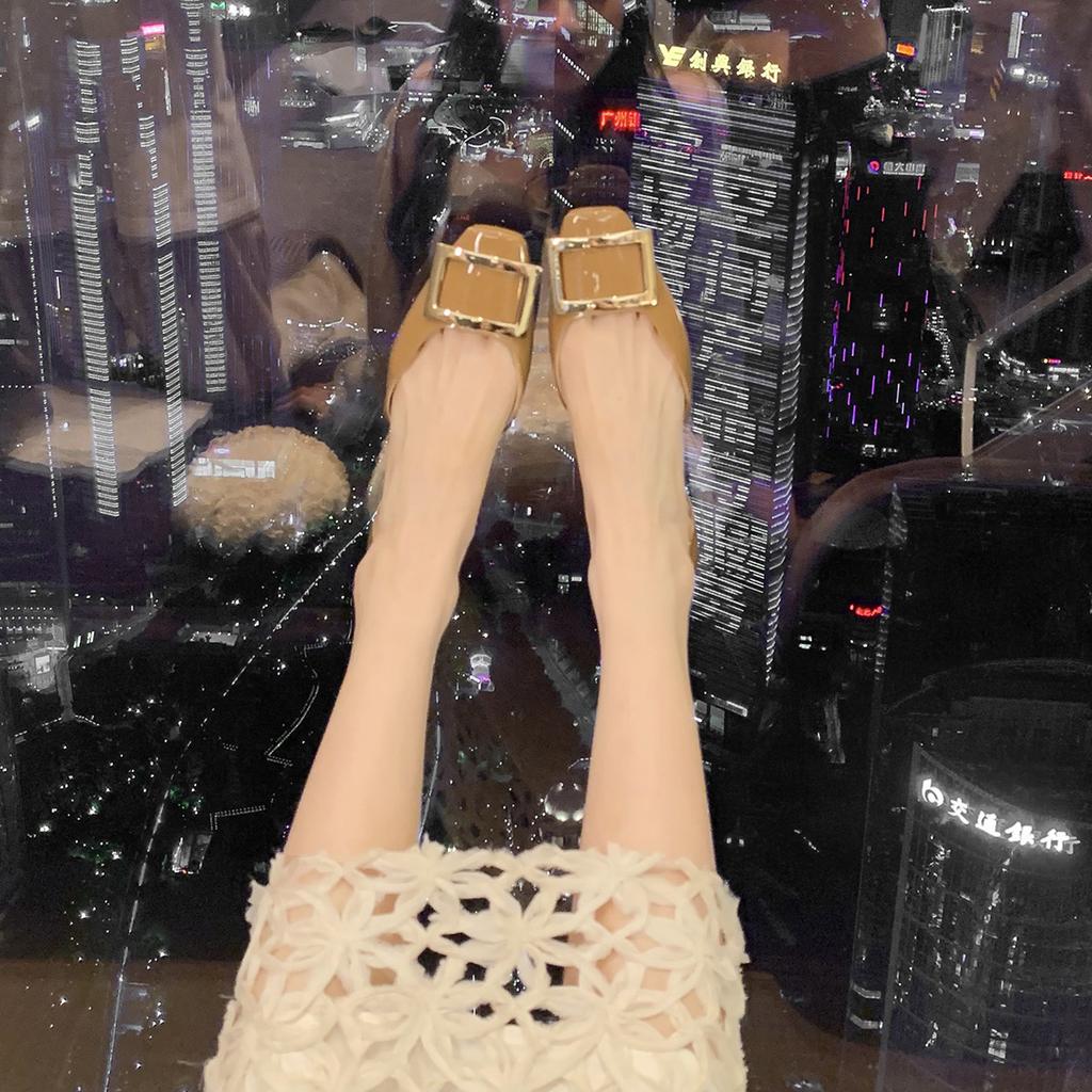 Spot Second Hair! Grape Mother with the Same Classic RV Square Buckle Flat Shoes, Shallow Mouth Small Square Head Commuting Hollow Single Shoes Women