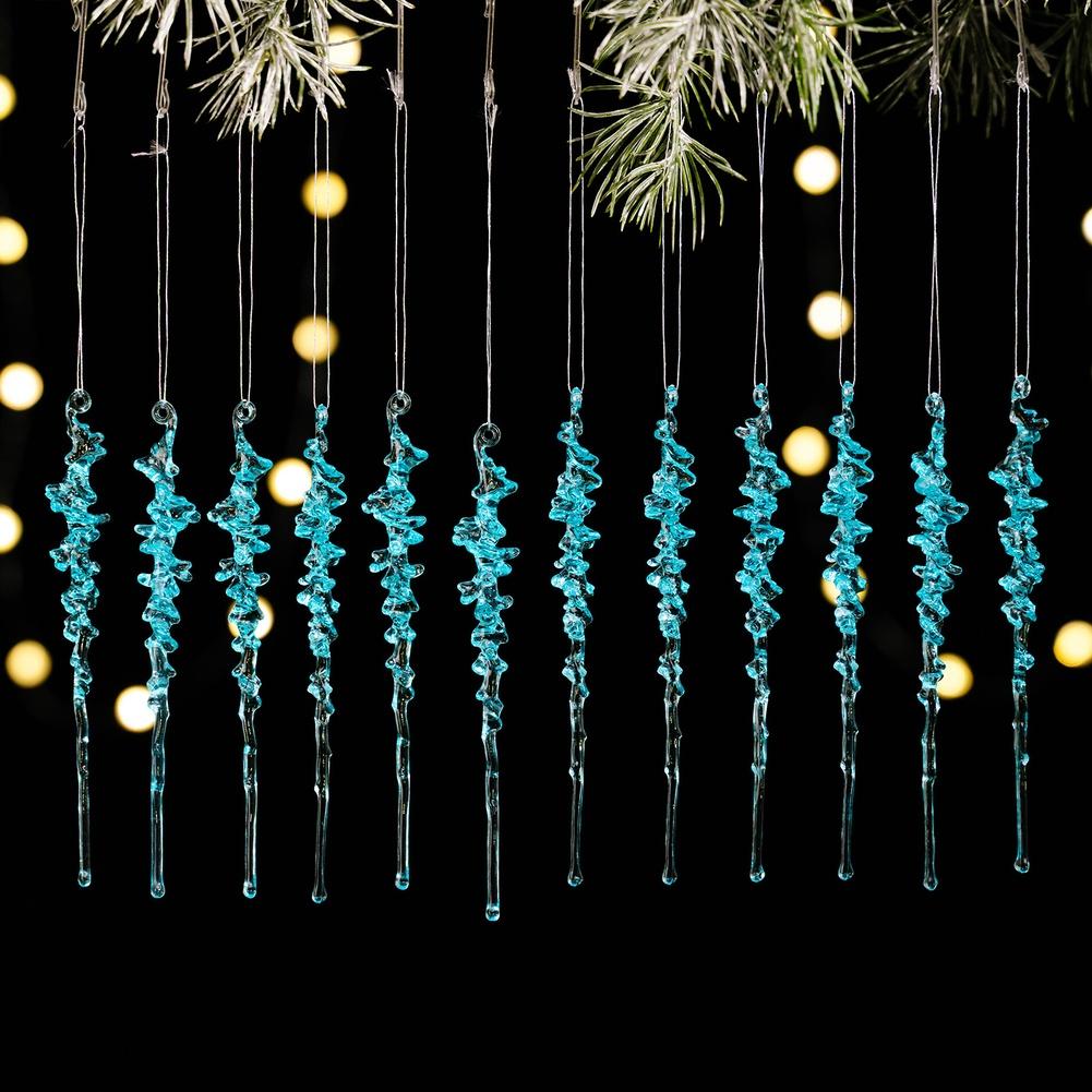 12pcs Acrylic Icicle Christmas Tree Hanging Ornaments Set For Festive Holiday Seasonal Decoration, Pink Blue Transparent