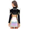 Womens Halloween Cosplay Outfit Long Sleeve Rivet Shoulder Boards Front Zip Sequined Crop Jacket Metallic Shiny Mini Skirt
