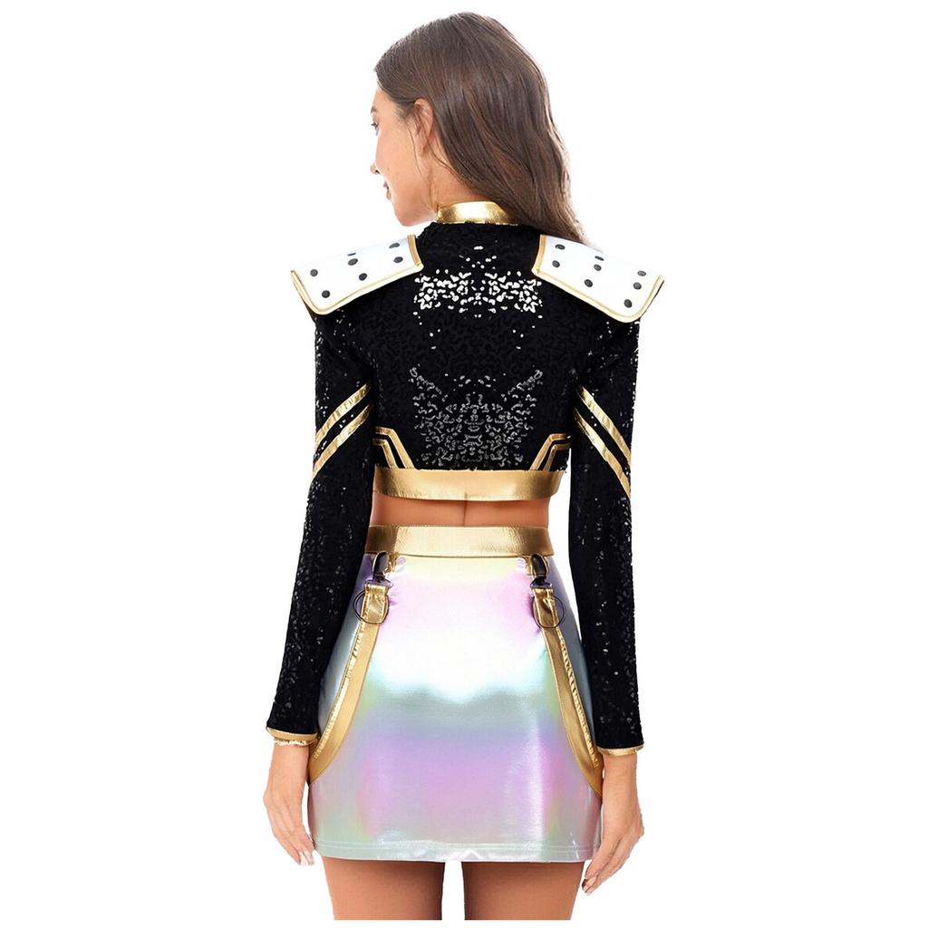 Womens Halloween Cosplay Outfit Long Sleeve Rivet Shoulder Boards Front Zip Sequined Crop Jacket Metallic Shiny Mini Skirt