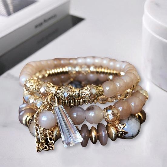 4Pcs Women Bracelets Faux Crystal Smooth Multi Pendant Jewelry Retro Bohemian Style with Elastic Cord Multi-layered Stackable Bracelet Set