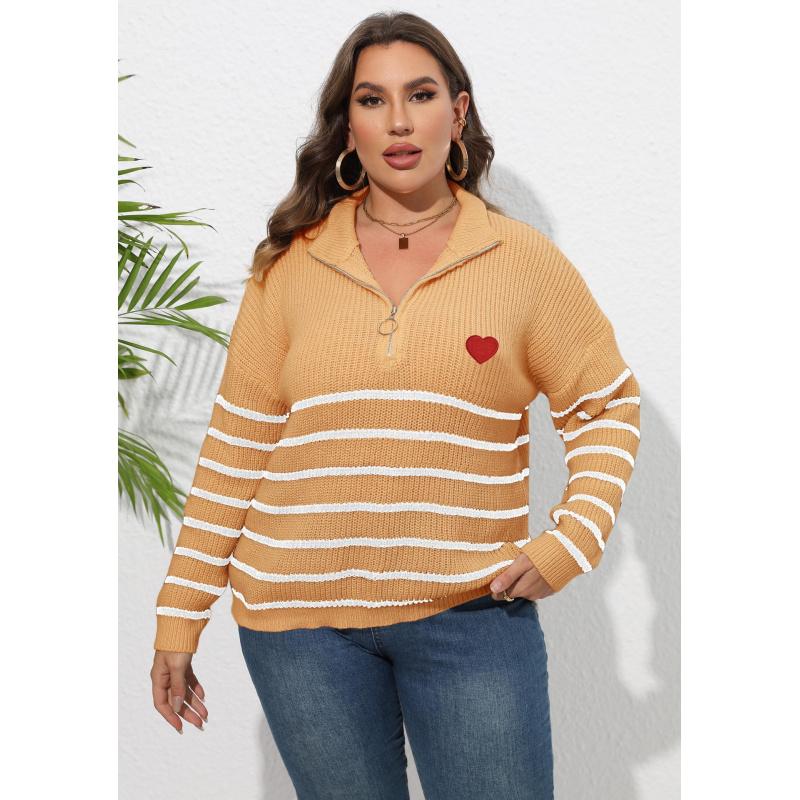 Women's Pullover Sweater Plus Size Women's Clothing Striped Patchwork Half Turtleneck Zipper Heart Knitted Sweater