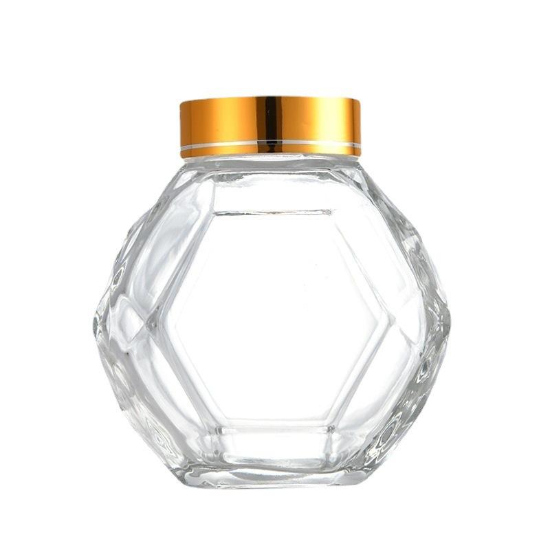 Vasetto Esagonale Premium per Miele in Vetro con Filettatura a Diamante e Coperchio in Legno, 500g