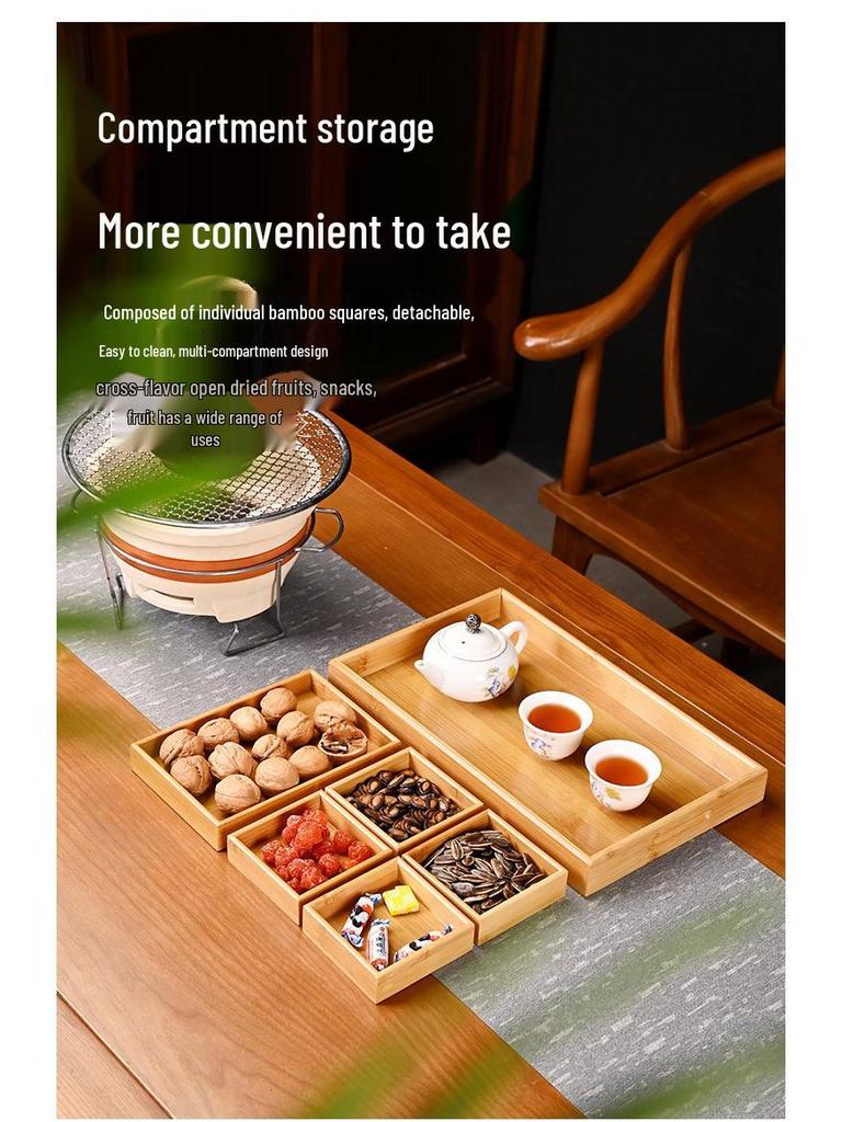 Bamboo and Wood Tea Snack Tray - 9-Grid Walnut Design for Living Room Pastries and Snacks