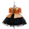 Girls' Halloween Witch Party Dress with Orange Patchwork Mesh Puff Skirt and Short Sleeves