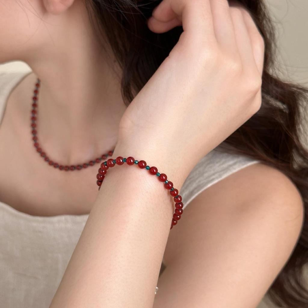 Ankela Red Beaded Necklace for Women, Light Luxury New Chinese Style, Chic & Versatile Clavicle Chain Bracelet