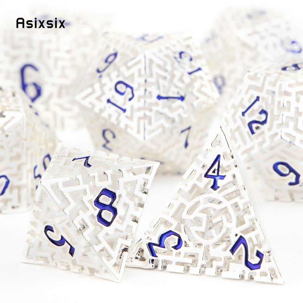 7 Pcs  White Blue Metal Dice Maze Hollow Metal Polyhedral Dice Set Suitable for Role-Playing RPG  Board Game Card Game