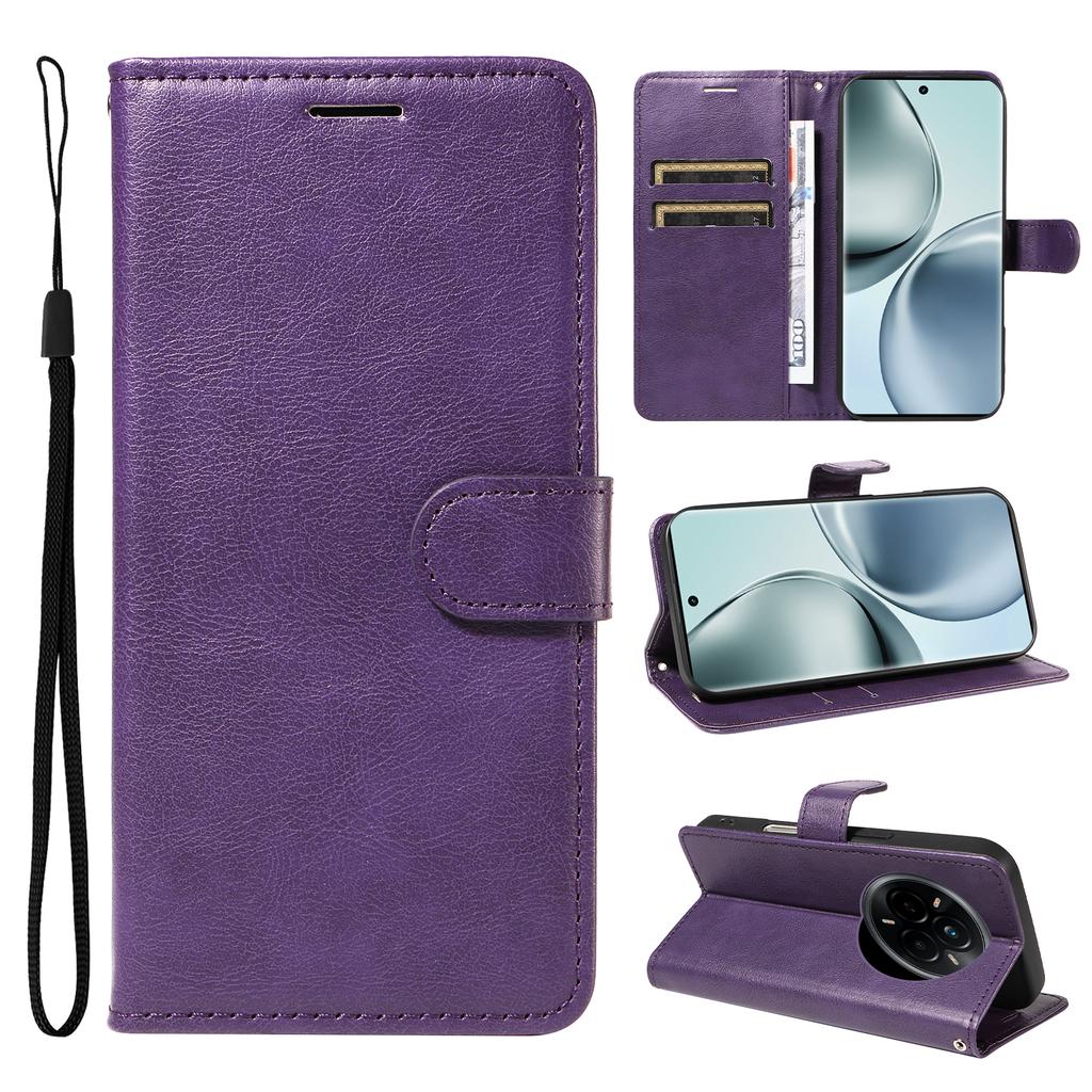 For Realme 14 Pro 5G Leather Wallet Case with Strap Solid Color Phone Stand Cover
