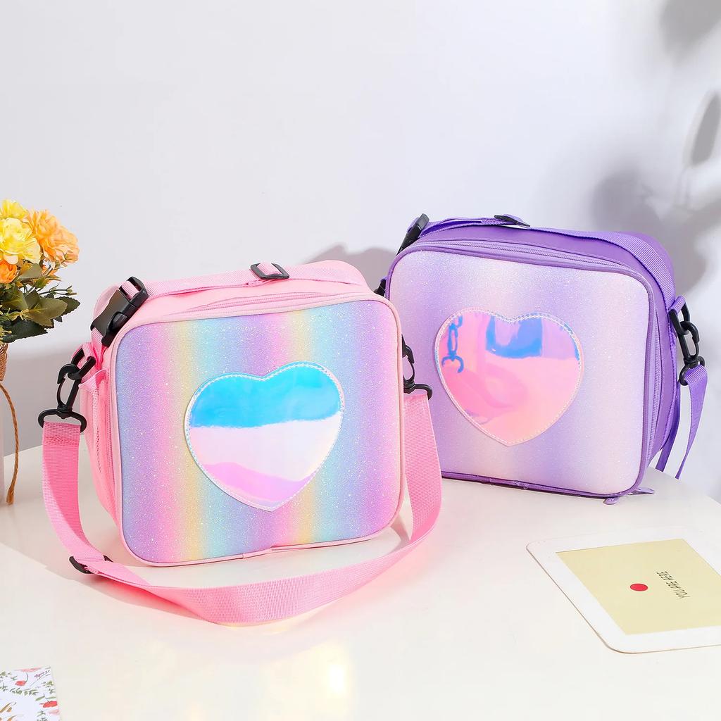 Children Cute Pink Heart Laser Lunch Bag Large Capacity Insulated Student School Office Bento Bag Portable Picnic Food Backpack