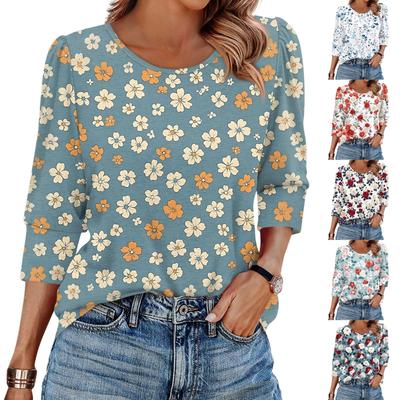 Women's Fashion Casual 3/4 Sleeve Print Shirt Women's Round Neck Tops