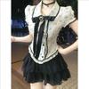 French Sweet College Bow Short Sleeve Waist Shirt Top Women's High Waist Fluffy Cake Skirt Two-piece Set