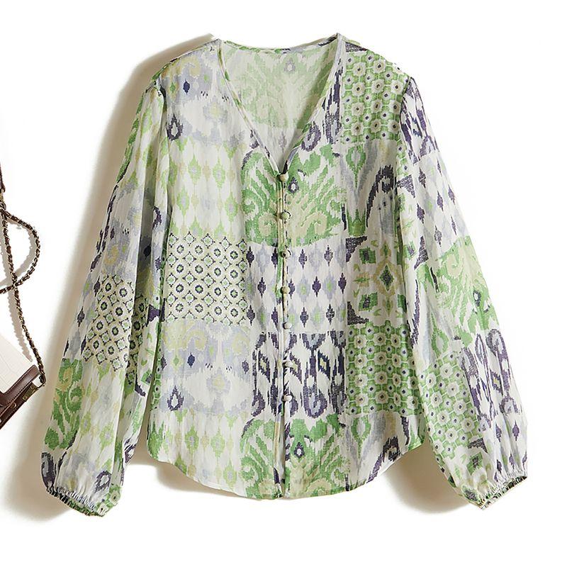 

Ткань уровня пенни! Модная женская рубашка с V-образным вырезом, рукавами «дракон» из рами и хлопка, цветная клетчатая, летняя футболка для защиты от солнца Color thousand yuan quality XL