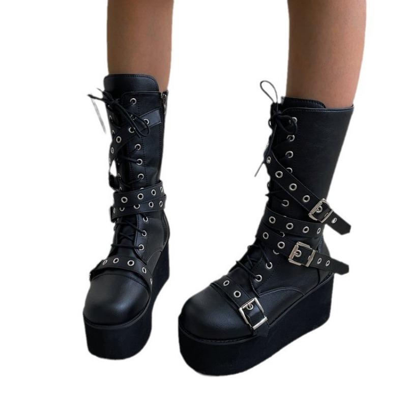 Large Size Medium Tube Locomotive Lace-up Women's Boots Autumn and Winter New Thick-soled Heightening J Wind Tooling Boots Women