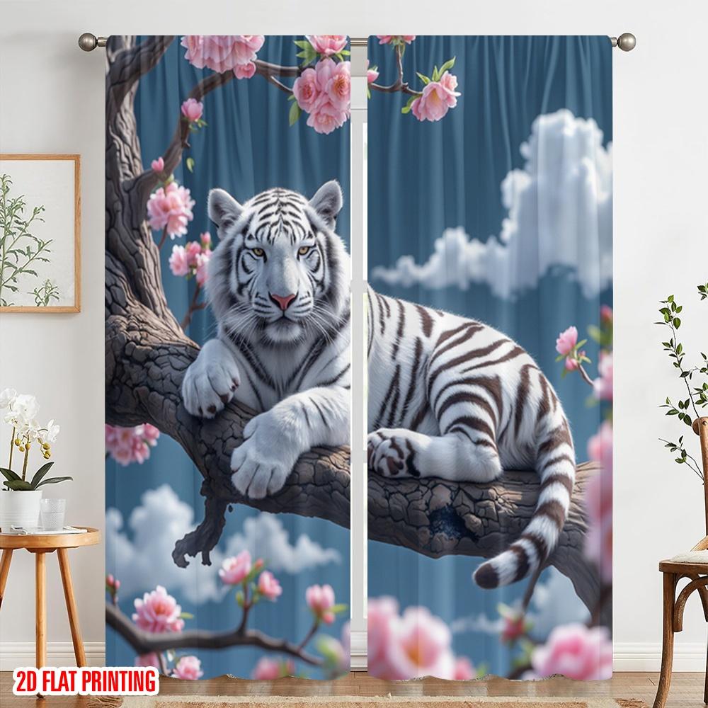 2pcs 2D Flat Printing Curtains Elegant White Tiger Polyester Without Electricity Party Decorations Use for All Occasions