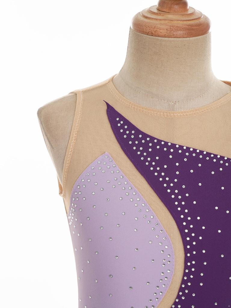 Girls Rhinestone Dance Dress Sleeveless Round Neckline Patchwork Style Skating Performance Costume Dress