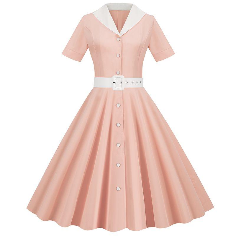 

Summer New Arrival Women s Clothing Fashion Style Lapel Short Sleeve Dress Color Matching High Waist Big Swing Skirt Belt A- line Skirt Pink S