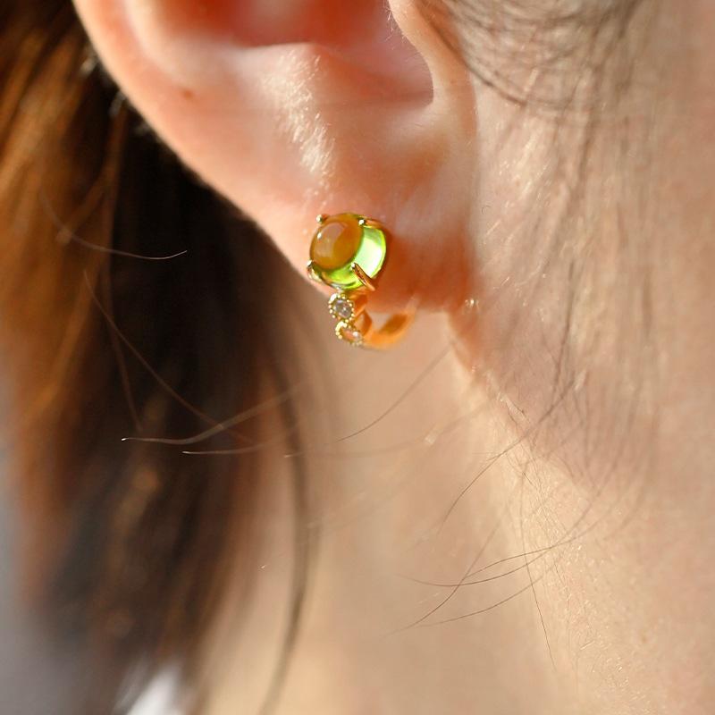 Morning Dew: 18K Gold-Plated S925 Sterling Silver Hoop Earrings with Olive Green Stone. 18K Gold Pair