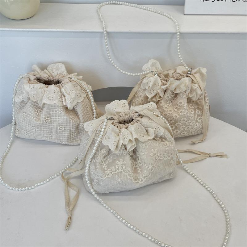 New Trendy Fashion Lace Versatile Drawstring Bucket Bag Shoulder Messenger Bag Pearl Strip Women's Small Bag