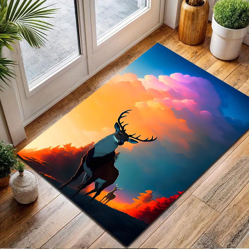 "Majestic Deer at Sunset Forest Scene" Patterned carpet, non slip mat suitable for living room and bedroom sofas