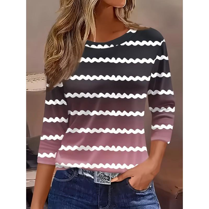 Womens Round Neck 3D Dinosaur Print Tee - Casual Fit 7/8 Sleeve 2025