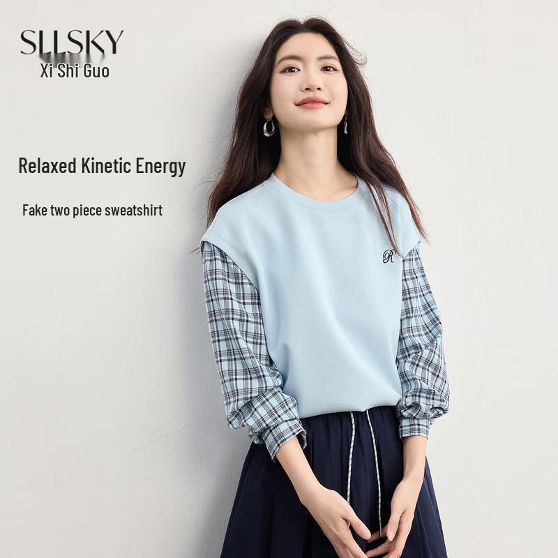 SLLSKY Women s Relaxed Fit Contrast Plaid Faux Two-Piece Sweatshirt M