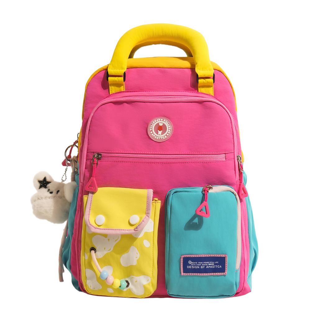 Schoolbag bright yellow contrasting color dopamine splicing backpack college student Korean vitality wind short trip shopping play backpack