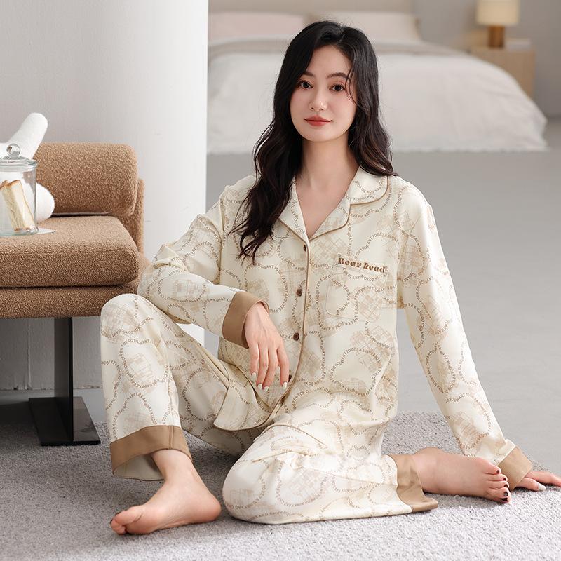 Anti-bumping point with chest pad Spring and autumn women's cardigan loungewear pure cotton long-sleeved lapel two-piece pajamas women's suit
