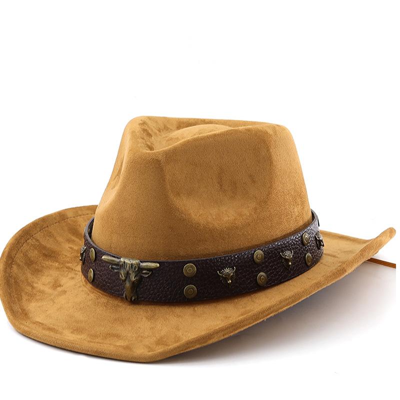 European and American fashion cow head belt suede top hat men's jazz hat autumn and winter versatile felt hat upturned cowboy hat