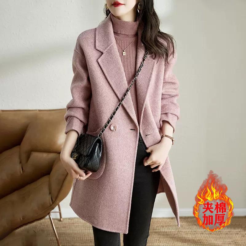 Woolen Jacket Women'S New Autumn And Winter Temperament Thickened Medium And Long Herringbone Pattern Woolen Coat