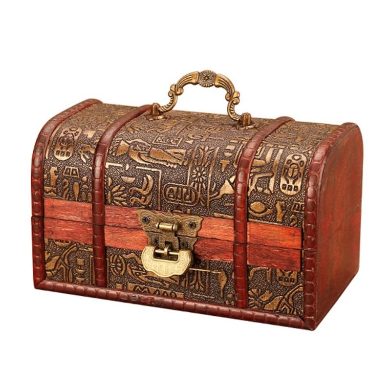 Vintage Wooden Treasures Chest Decorative Keepsakes Storage Container with Lock Antique Jewelry Organiser for Women