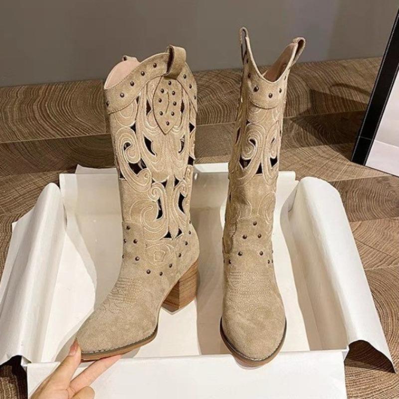 Fashion 2025 New Women's Mid-calf Boots Suede Leather Hollow Out Boots for Women Western Cowboy Boots Fashion Knight Booties Botas Mujer